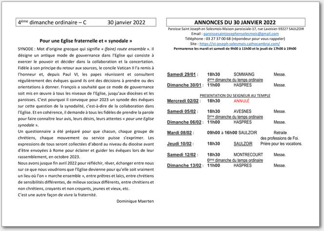 FEUILLE DU 30 JANVIER 2022