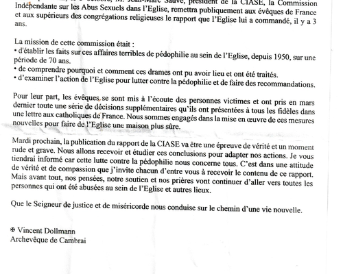 lettre de Mgr DOLLMANN lue dans tout le diocèse