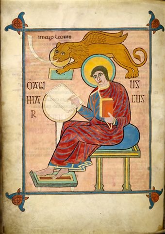 Saint Marc enseignant (Evangéliaire de Lindisfarne, Angleterre, VIIe siècle)