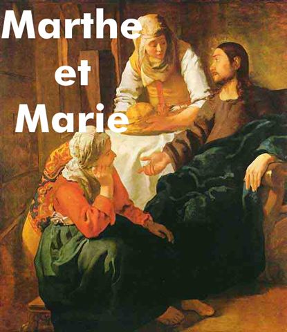 Marthe et Marie. Marthe sert Jésus; Marie l'écoute