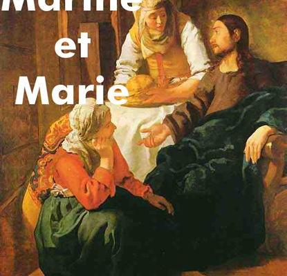 Marthe et Marie. Marthe sert Jésus; Marie l'écoute