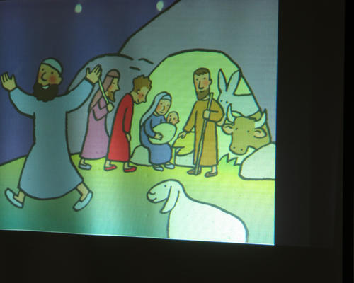 Les bergers avertis en premier courent annoncer la naissance de Jésus.