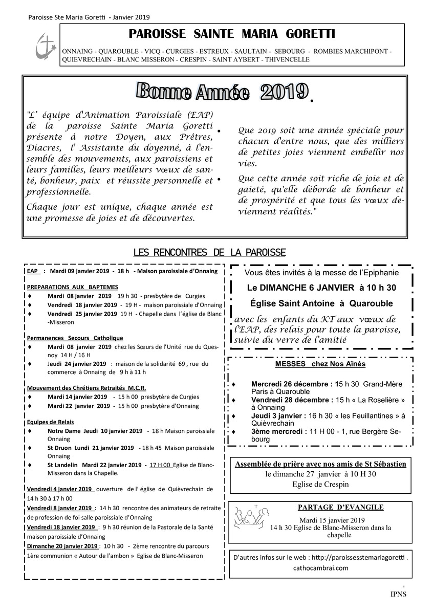 Feuille D'infos Paroissiales Janvier 2019