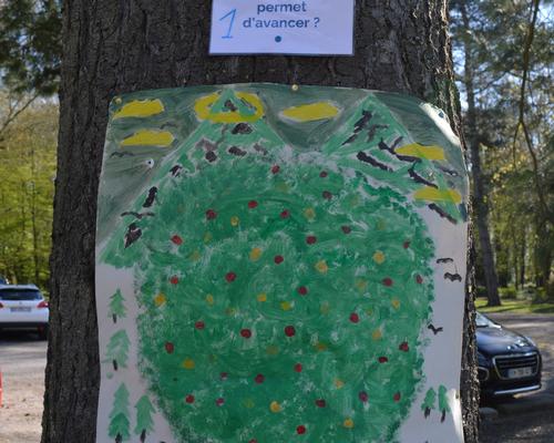 Dans le parc, des questions sont affichées sur les arbres...