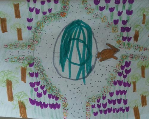 C dessine le jardin de Ste Thérèse avec le lapin