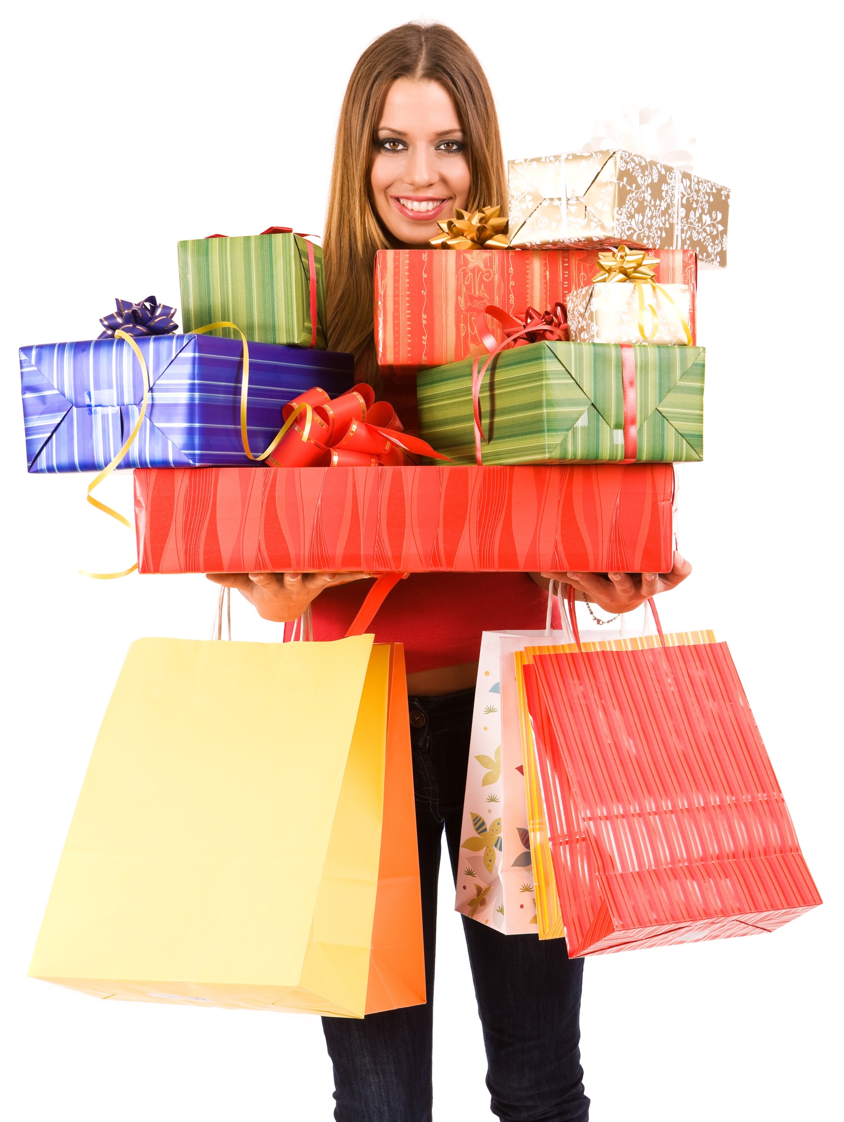 Beautiful woman holding many gift boxes and bags