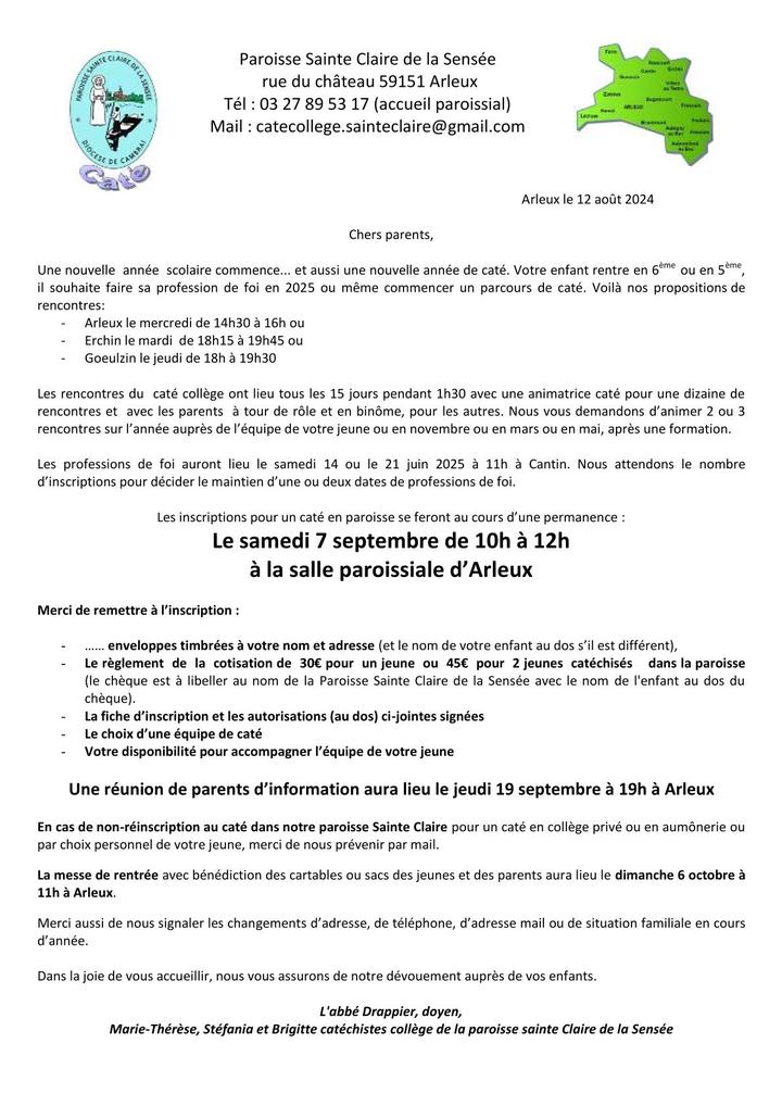 COLLEGE - lettre rentree pr inscriptions 2024-2025