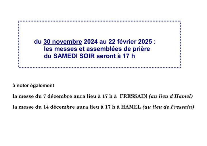 horaire d'hiver et messes de Decembre 2024 -