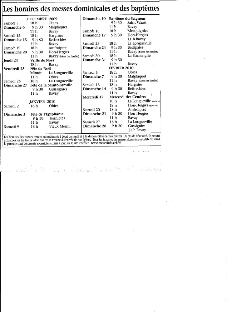les horaires des messes dominicales et des bapteme