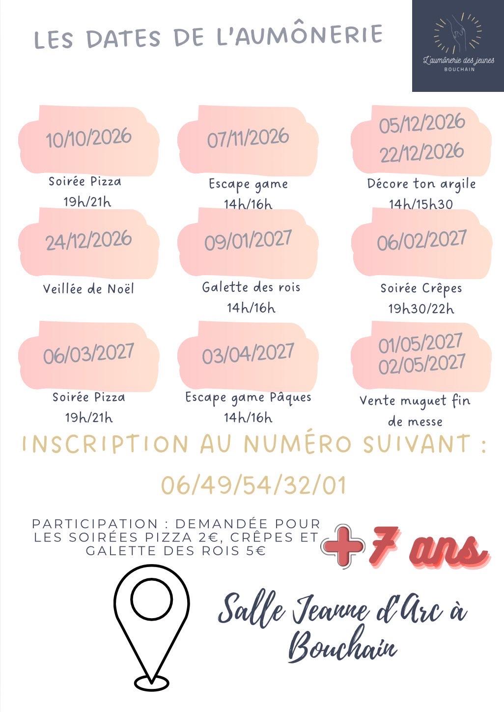 Les dates de l\'Aumonerie de Bouchain 2026-2027